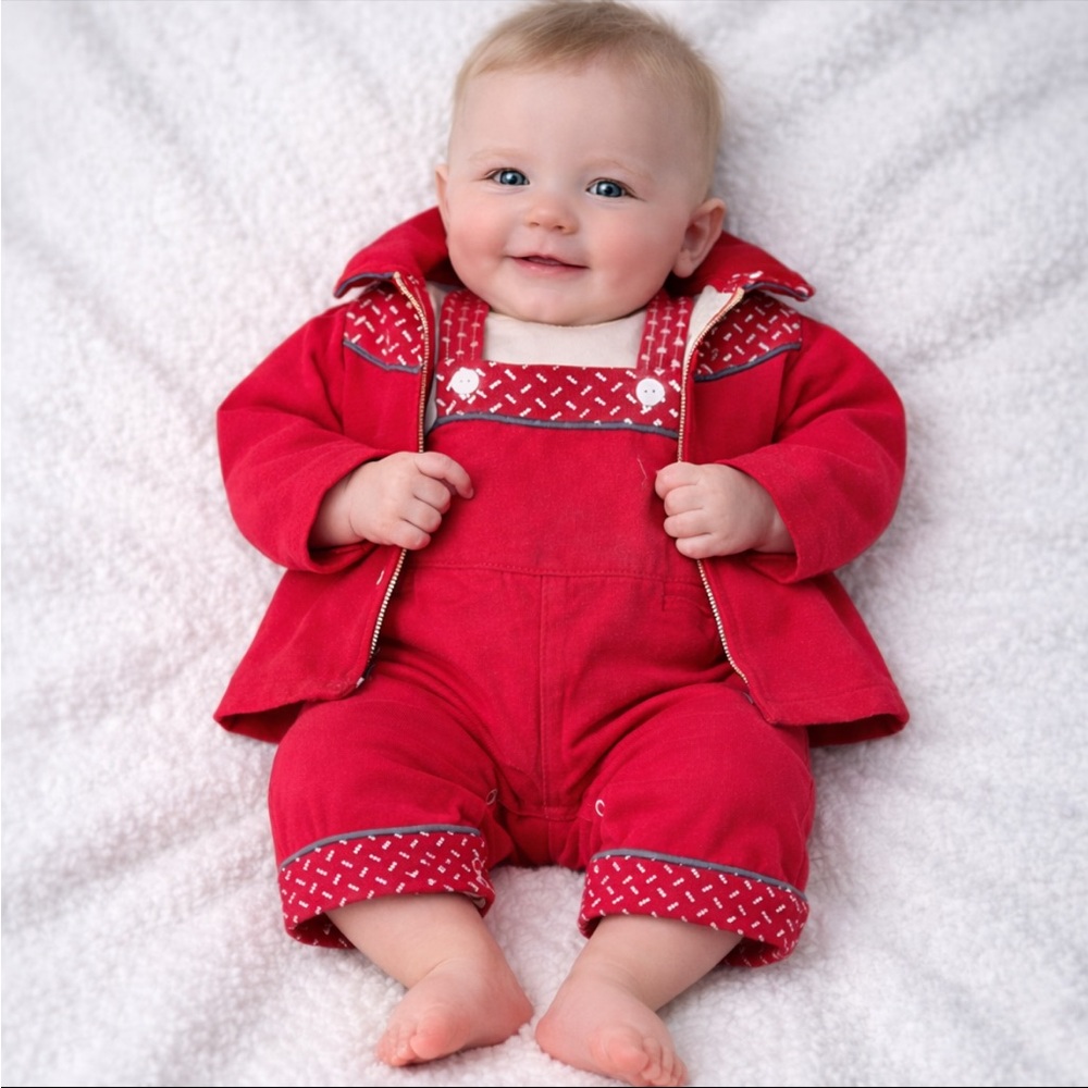 Vintage child’s red matching Christmas overalls and jacket set